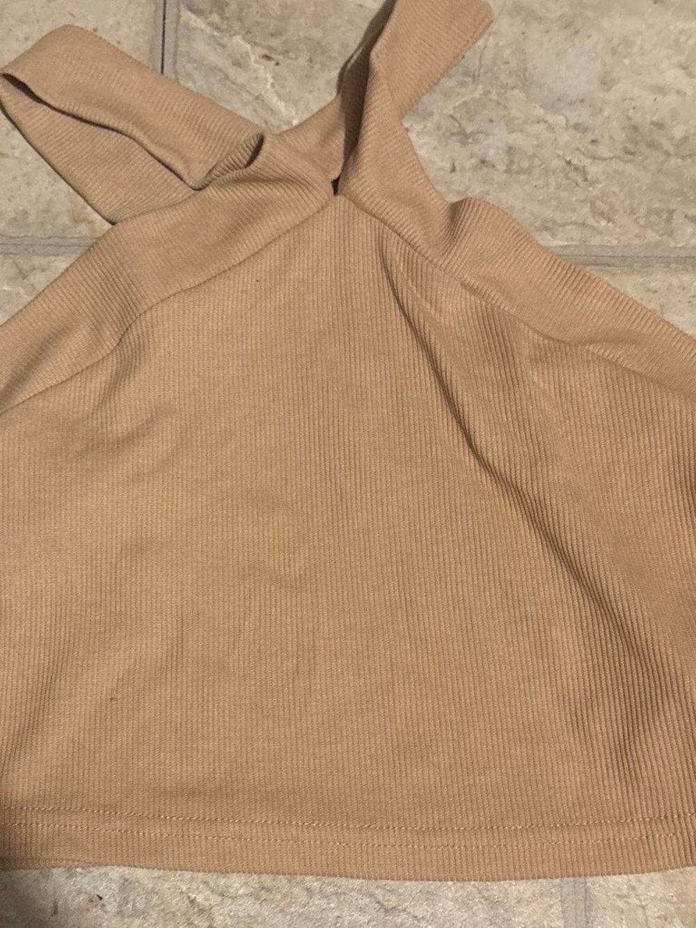 Ribbed Beige Cross-Strap Tank Top